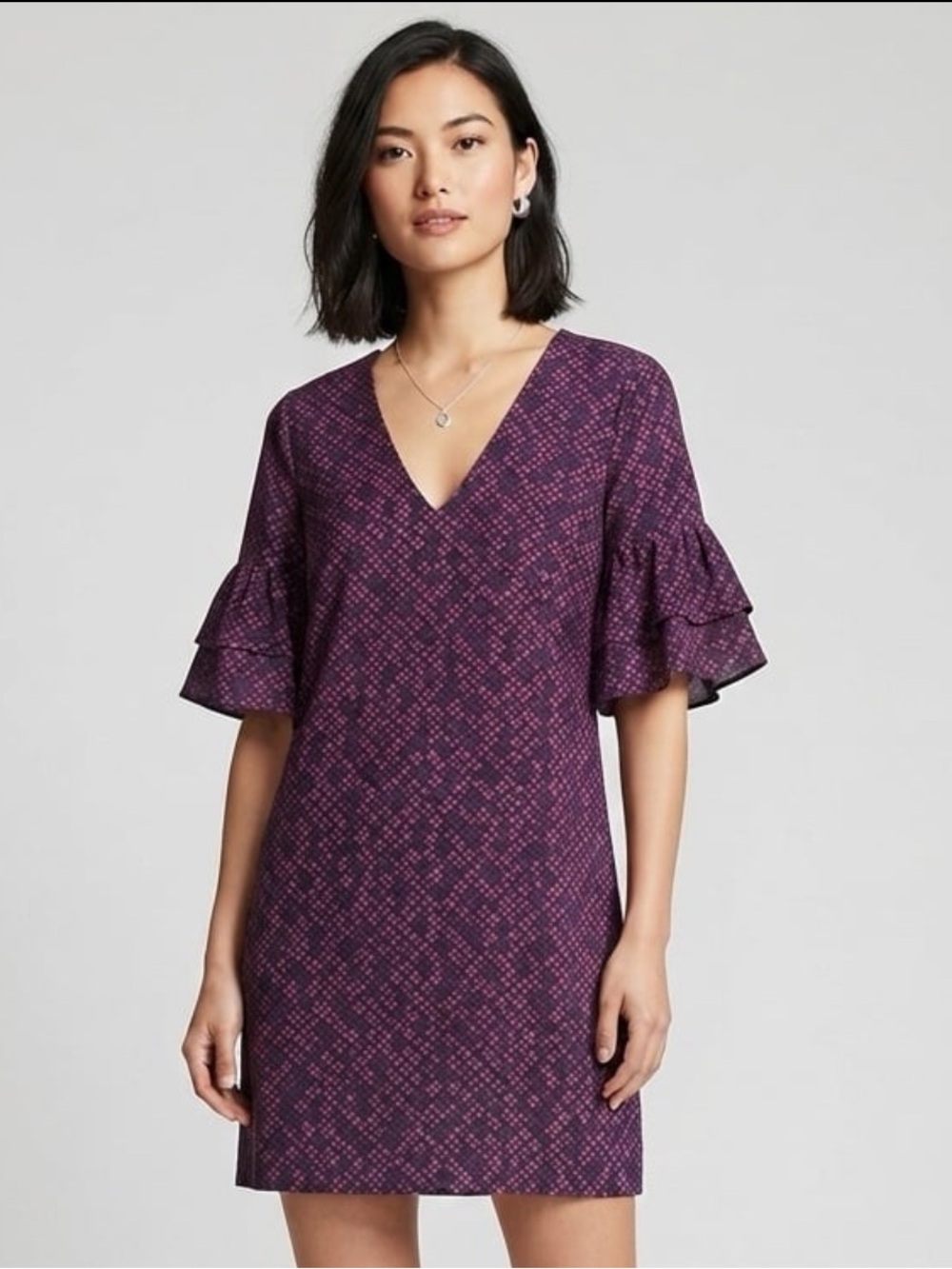 Madewell Purple Printed V-Neck Ruffle Sleeve Dress